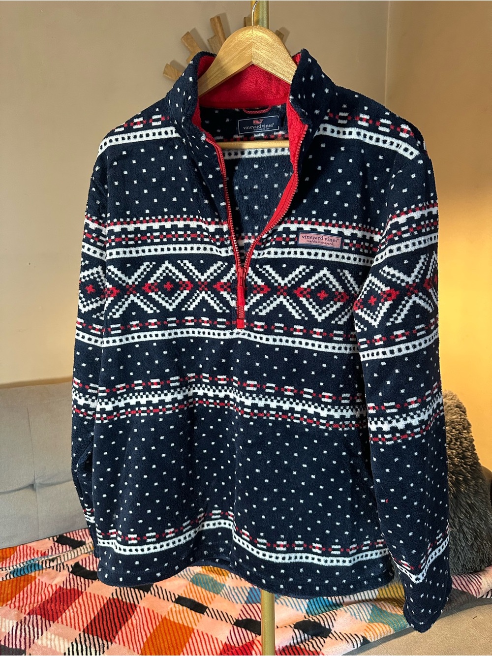 Vineyard Vines Navy Red and White Fair Isle Half-Zip Sweatshirt Mock Neck